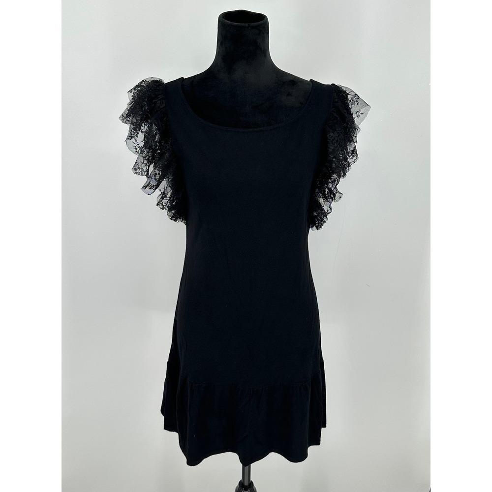 Candies Black Lace Ruffle Sleeve Mini Dress Knit Scoop Neck Tiered Hem Large